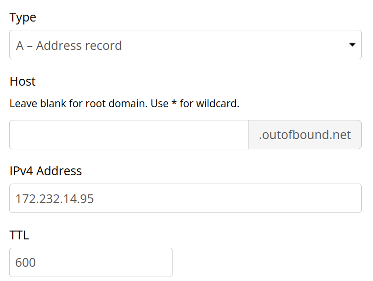 An A record screenshot of outofbound.net.