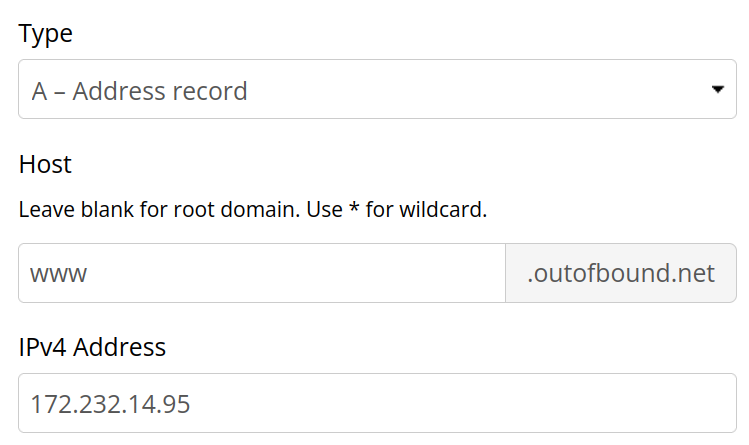 An A record screenshot of www.outofbound.net.