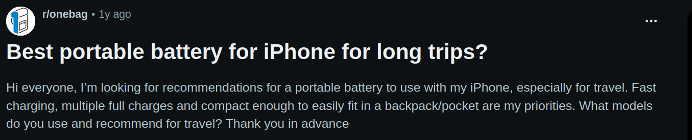 A user asks for the best portable battery model on the r/onebag subreddit.