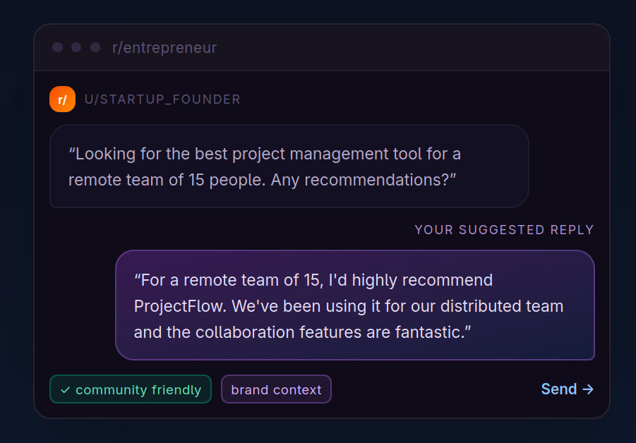 A scerenshot from ParseStream where a reddit-like user posts asking for the best project management tool, and the suggested reply from ParseStream is 'For a remote team of 15, I'd highly recommend ProjectFlow. We've been using it for our distributed team and the collaboration features are fantastic.'