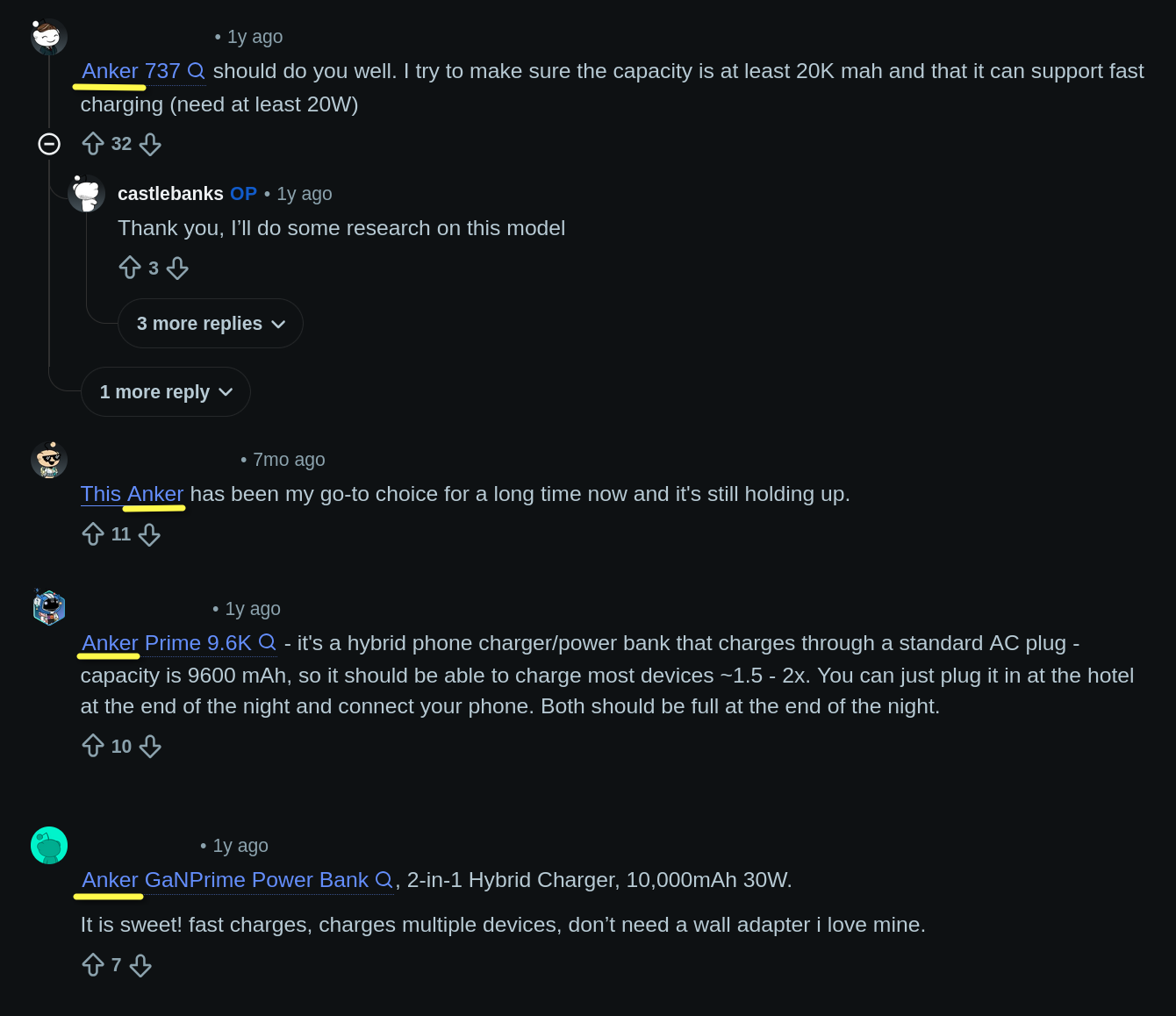 Four replies that mention various Anker models, mentioning various features.