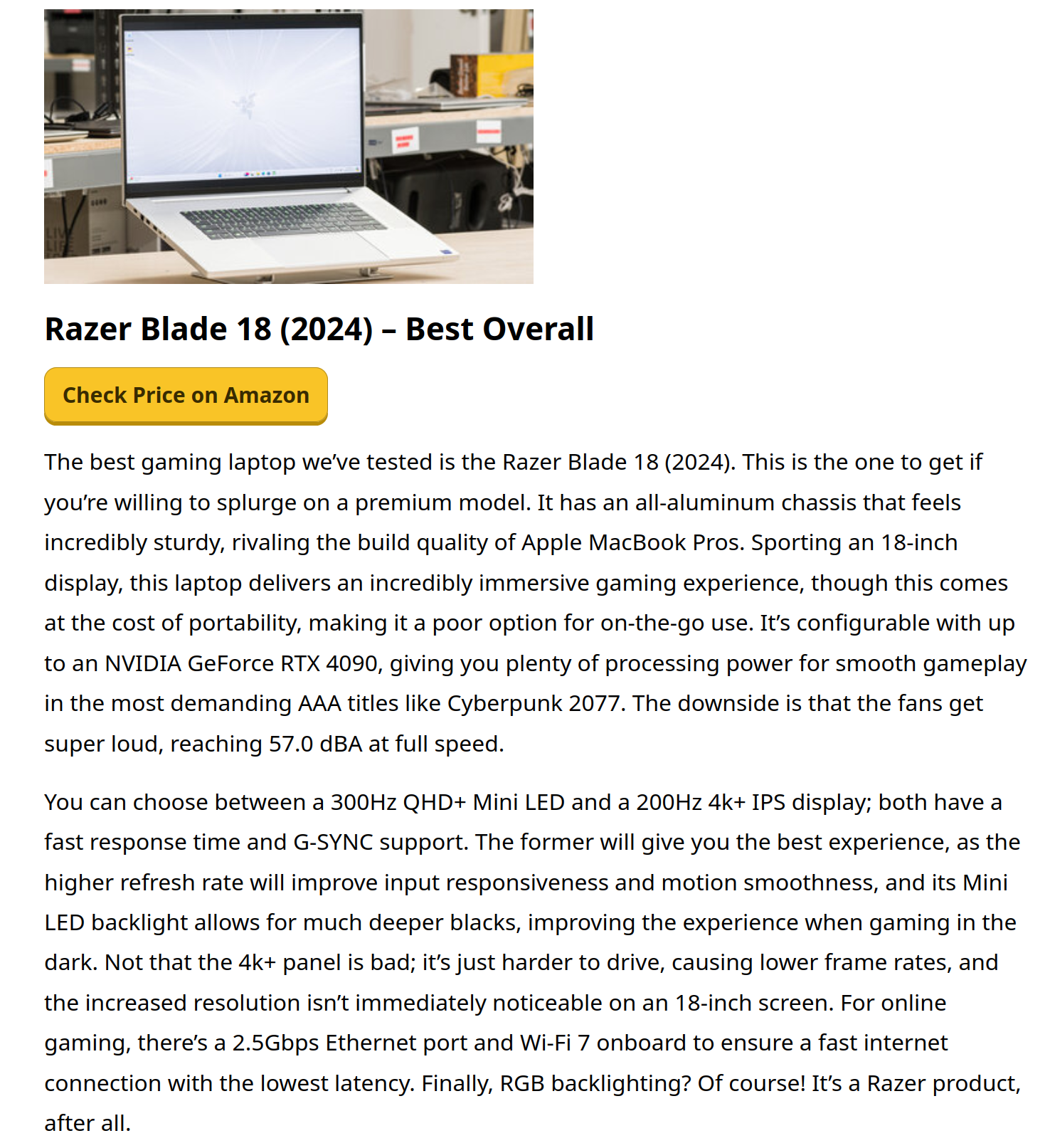 A screenshot of a gaming laptop review from Quizience where they claim to have tested the laptop.