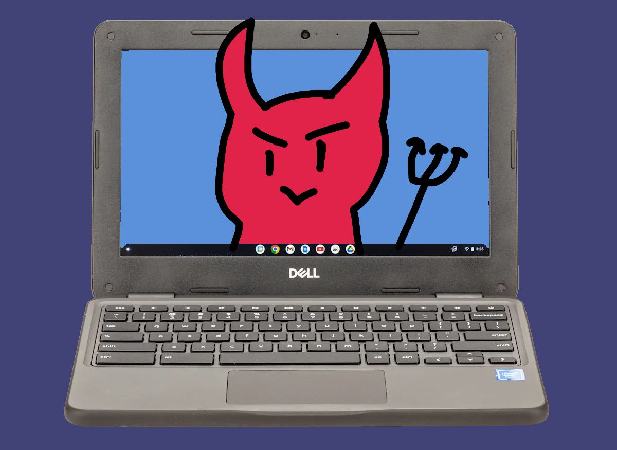 A picture of a Google Chromebook with a crudely drawn devil coming out of it.