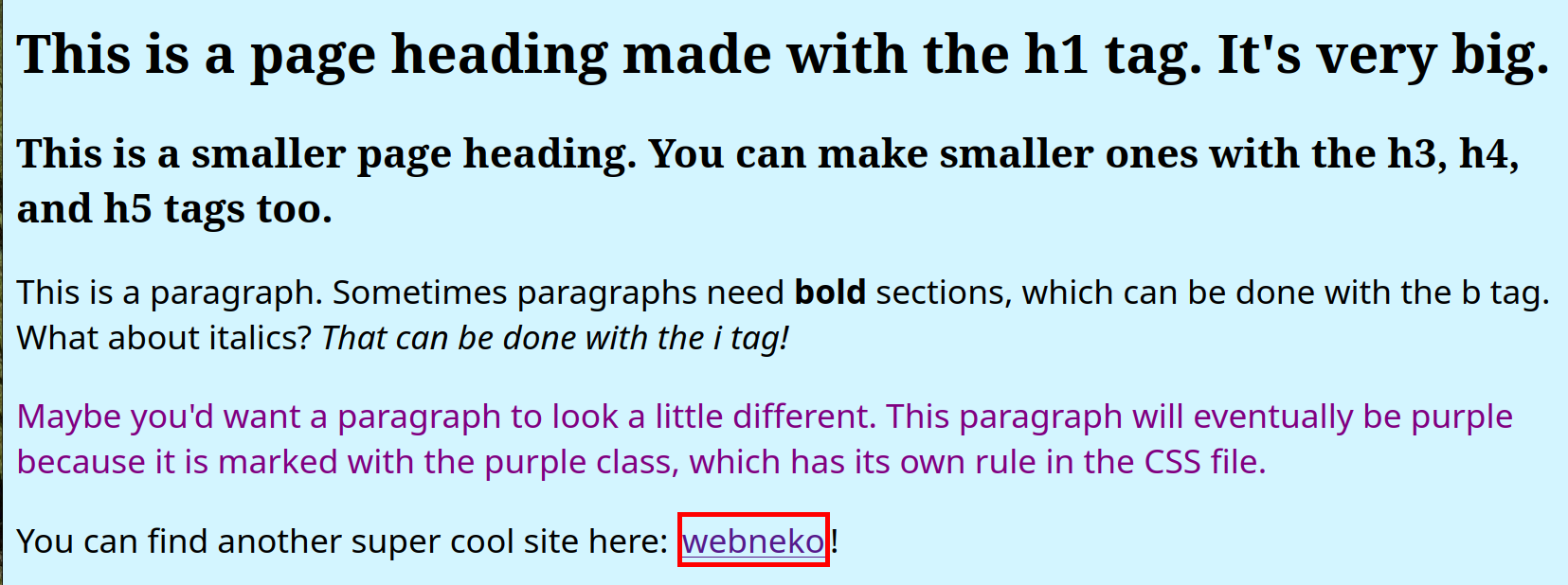 A more styled image of HTML with a blue background and colored text.